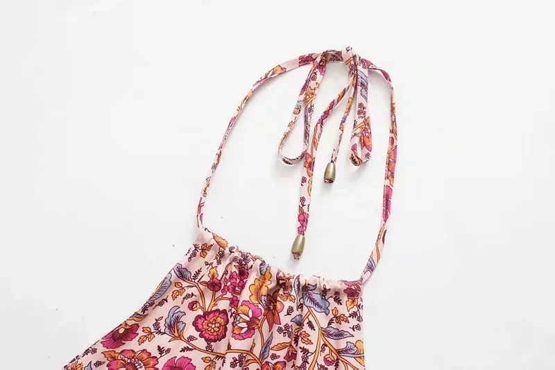 TEELYNN Halter pink Floral print Summer Dresses boho beach Sexy sleeveless backless Mini Dress Women cover up Casual Vestidos