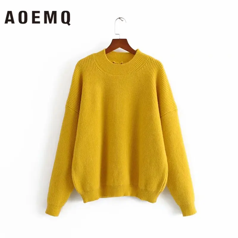 AOEMQ, модные повседневные женские свитера, 3 цвета, одноцветные, ручная вязка, теплые пуловеры, свитер с круглым вырезом, свитер, женская одежда