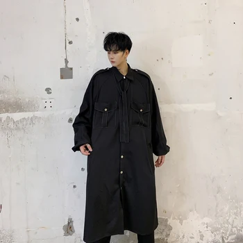 

Male Streetwear Hip Hop Windbreaker Dress Shirt Jacket Outerwear Men Tie Bow Collar Back Hole Loose Casual Long Shirt Style Coat