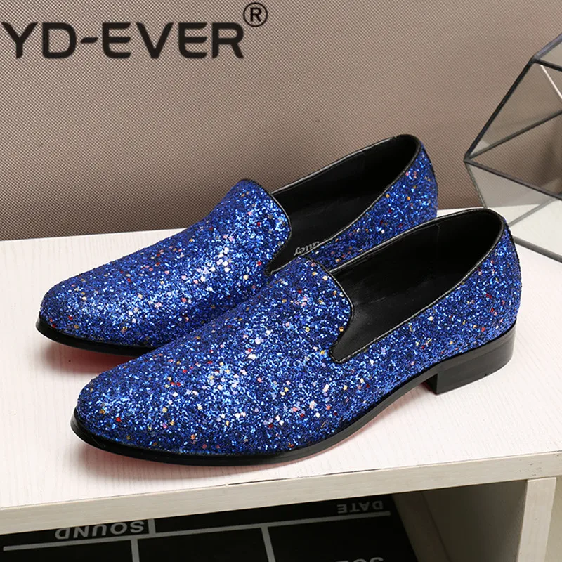 British blue hidden heel shoes for men solid slip-on dress wedding loafers causal velvet slippers glitter genuine leather brogue | Обувь