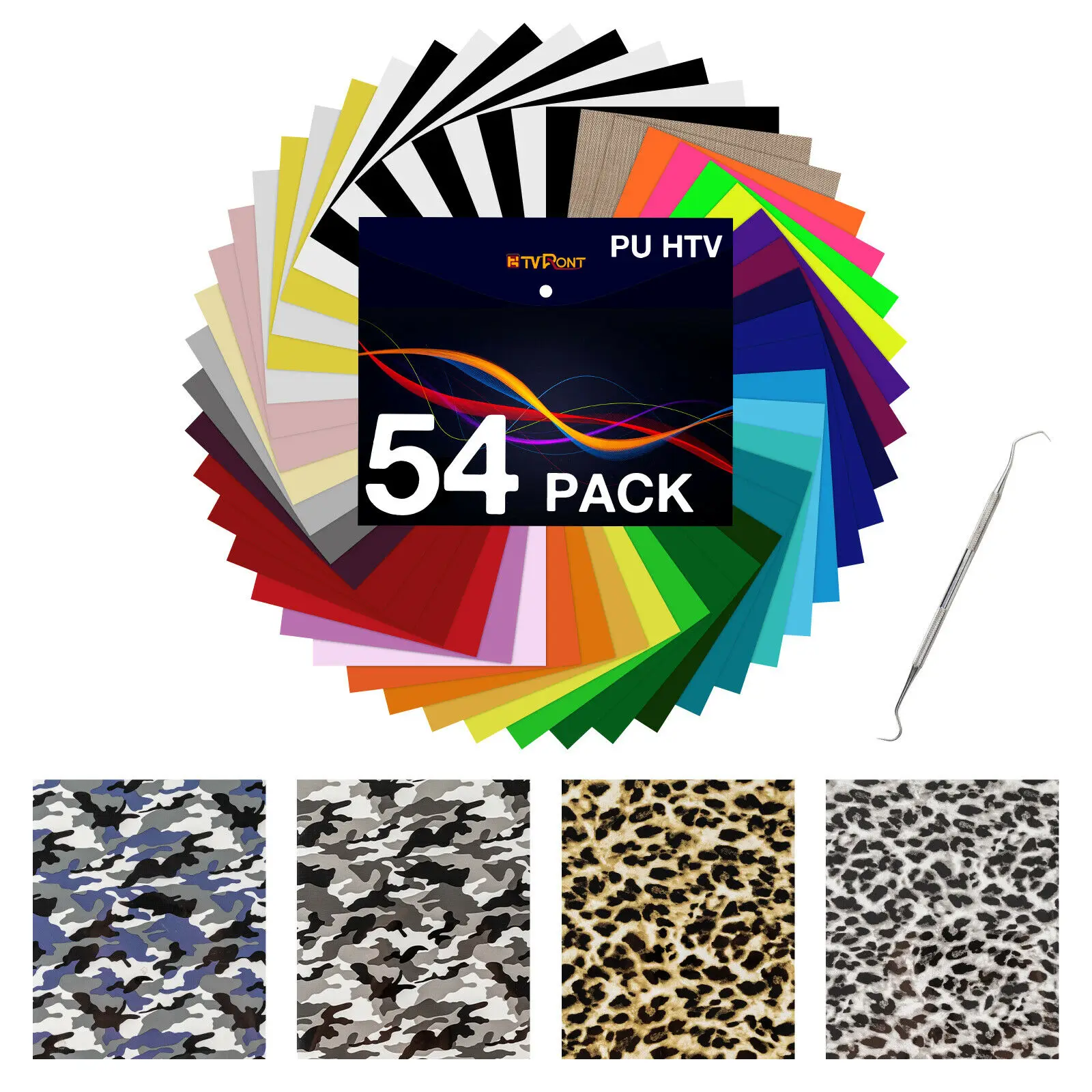 Htvront 54Pcs 30Cm * 25Cm Pu Fogli Di Vinile A Trasferimento Termico Multicolore + Ferro Leopardo Su Pellicole Htv Per T-Shirt Cricut Heat Press Cloth
