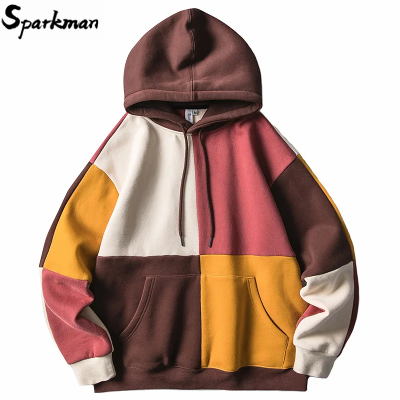 

Hip Hop Hoodies Sweatshirt 2019 Streetwear Color Block Patchwork Hoodie Pullover Harajuku Men Autumn Winter Fleece Hoodie Cotton