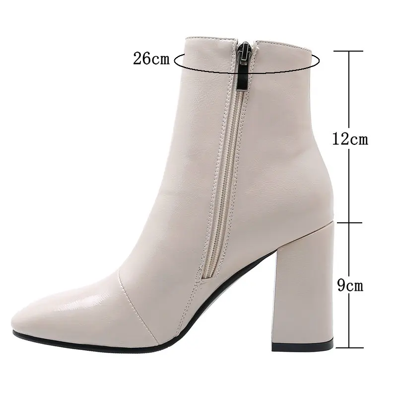 Cena 2019 damskie jesienne botki Faux Leather bardzo wysokie obcasy botki Fashion Square Toe Zipper buty zimowe czarny biały