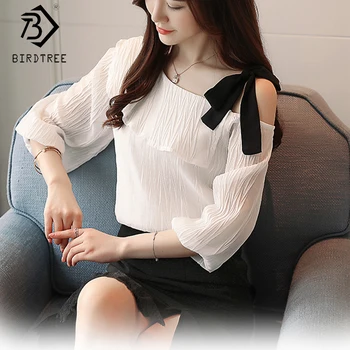 

Women's Summer Chiffon Blouse 2020 Korean Style Skew Collar Three Quarter Sleeve Office Lady Shirt Slip Slim Tops T04106K