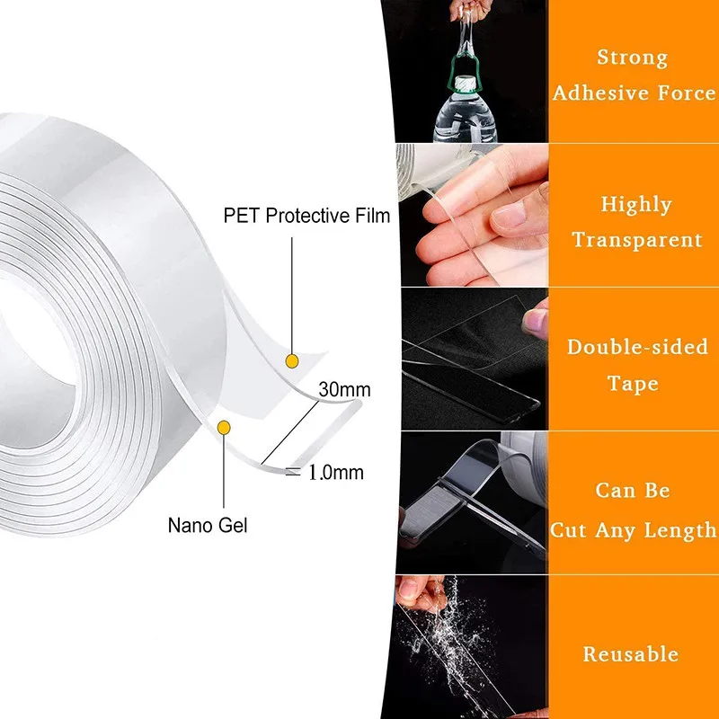 Double Sided Adhesive Tape Reusable Nano Adhesive Tape Clear Double Sided Tape Removable Transparent Alien Anti-Slip Traceless for Home Supplie