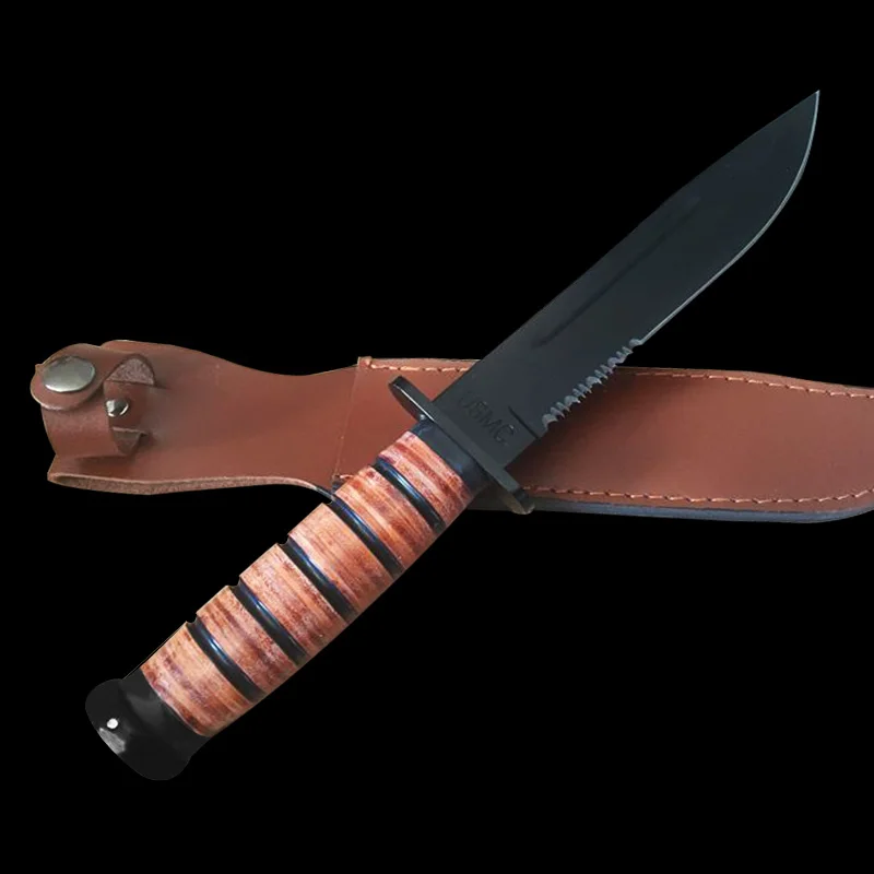 Comprar Mengoing cuchillo salvaje al aire libre 440 hoja de acero mango de cuero de caza cuchillo de hoja fija tratamiento térmico al vacío