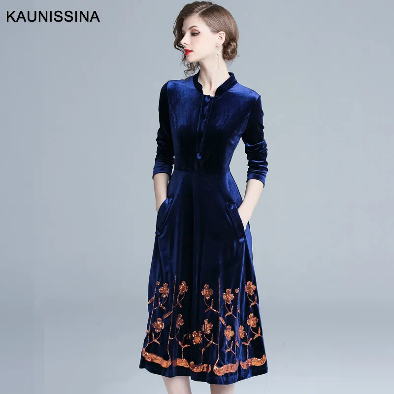 KAUNISSINA осенне-зимнее винтажное коктейльное платье женские бархатные платья Женская футболка с длинными рукавами и блестками Вышивка Вечерние Vestido коктейльные