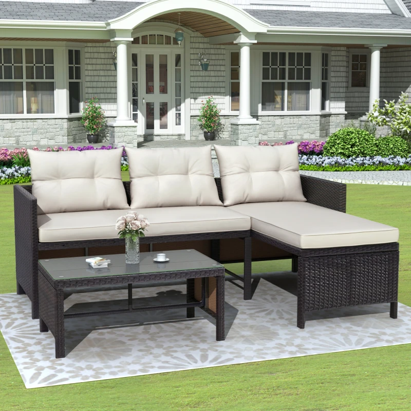 Outdoor Patio 3 pcs Rattan Wicker Sofa set， with lounger seat glass table Beige cushions | Мебель