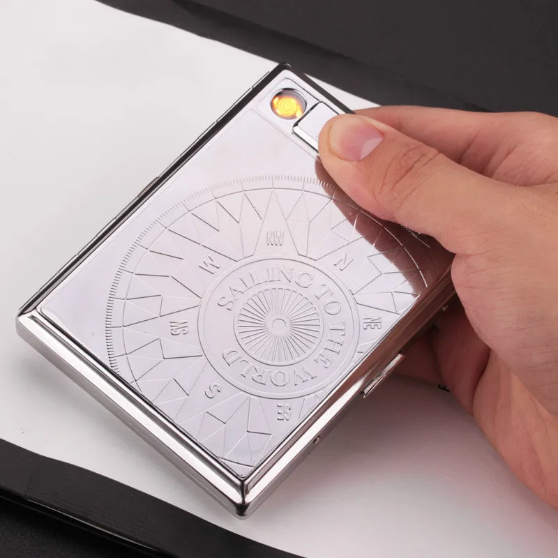 

Metal Cigar Cigarette Case Box with Flameless Electronic Lighter Windproof Coil Lighters 20 pcs Cigarettes Holder Container