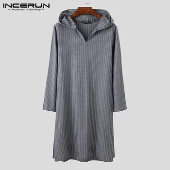 

INCERUN Men Sleep Robes Cotton Hooded Long Sleeve V Neck Nightgown Men Loose Striped Homewear Pockets Cozy Retro Sleepwear 2020