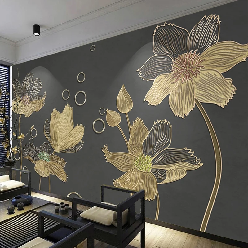 

Custom Photo Wallpaper European Style Flowers Golden Embossed Lines Mural Living Room Bedroom Light Luxury Background Wall Paper