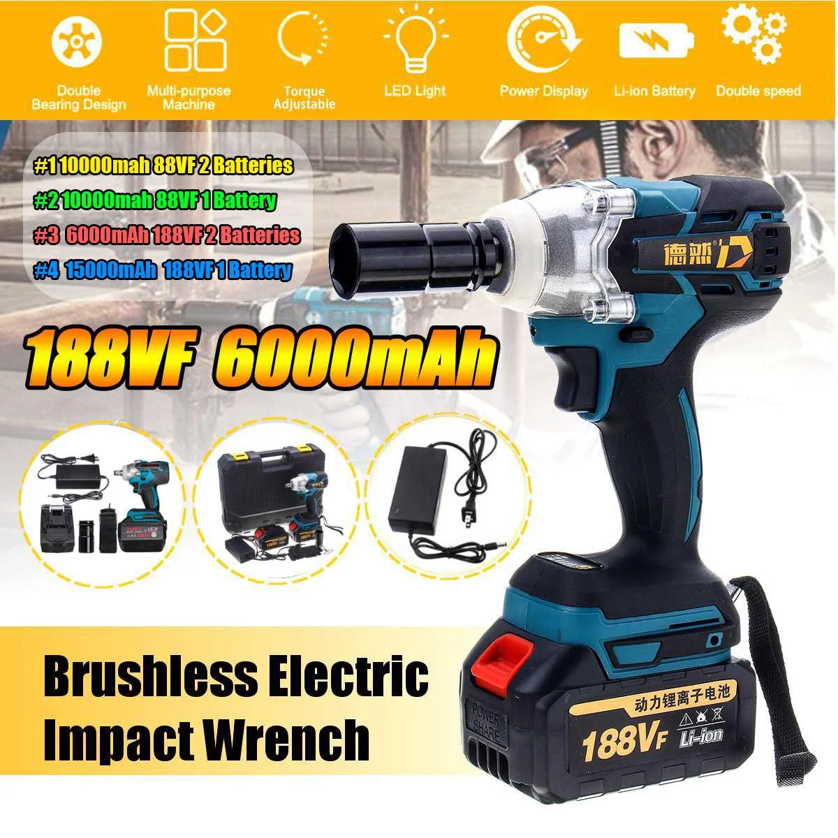 

88VF/188VF Electric Impact Wrench Cordless 380N.m With 6000mAh/10000mAh Rechargeable 1/2 x Lithium-Ion Battery Power Tools