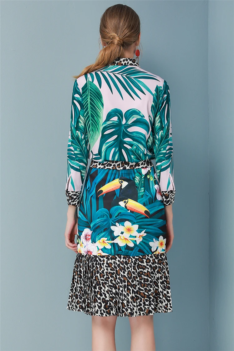 Truevoker Женский комплект из двух предметов для отдыха, женский топ с принтом попугая+ леопардовая драпированная юбка, дизайнерский женский праздничный комплект одежды