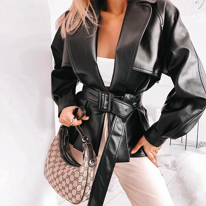 Faux Leather Black Biker Jacket Women Sashes Harajuku Windbreaker Coats Ladies Casual Turn-down Collar Overcoat Fall |
