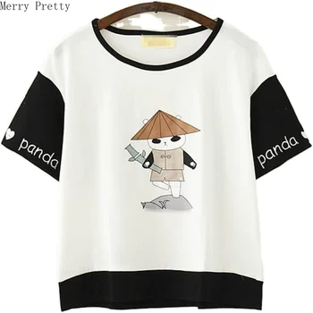 

Women's Crop tops Cartoon Panda Print Funny T Shirts 2020 Spring Femme Short Sleeve O-Neck Cotton T Shirt Femme Casual Loose Top