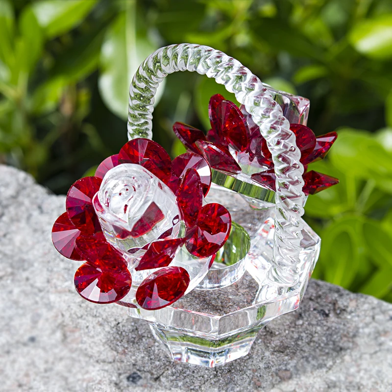 Billig H   D Kristall Rote Rose Blume Korb Figurine Kunst Glas Sammeln Handwerk Geschenk Träume Ornament für Home Decor Tabelle mittelpunkt