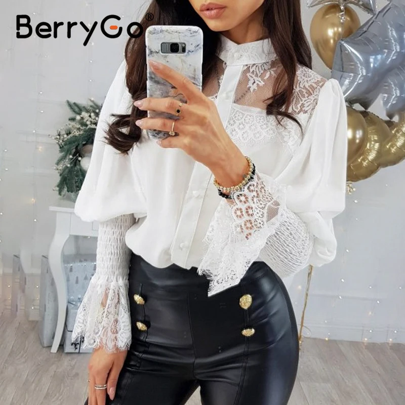 

BerryGo Elegant lace white blouse shirt women Long sleeve patchwork female tops black shirts Spring summer office ladies tops