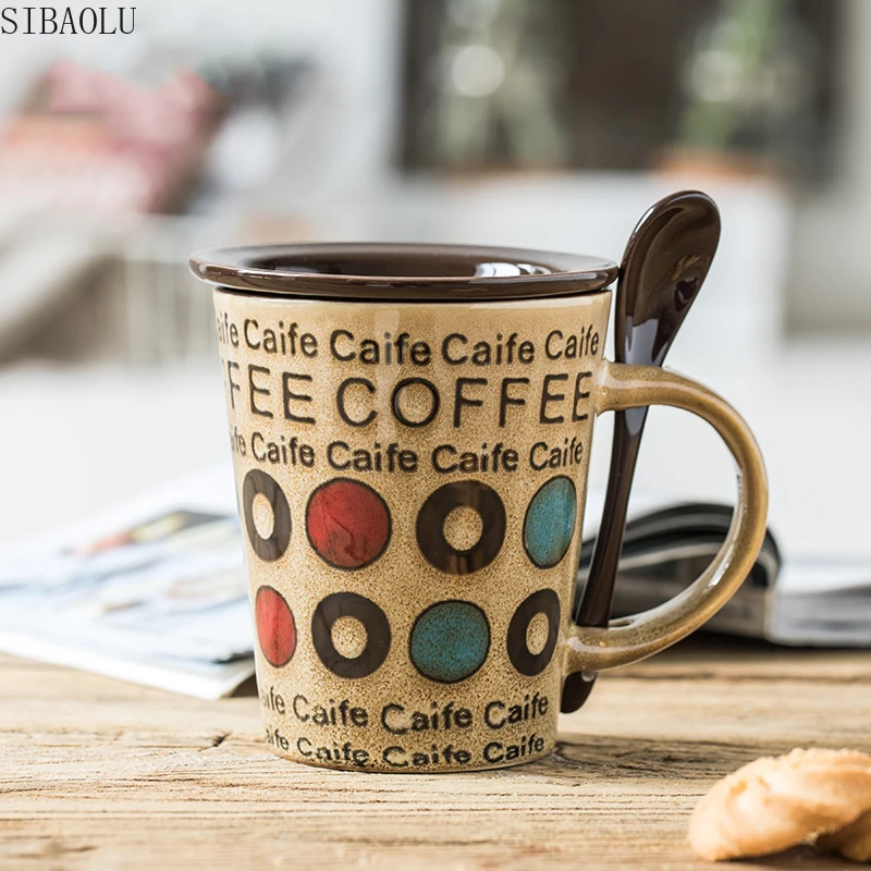 Creative Ceramic Cup Retro Personality Trend Mug Japanese Style Simple Cup Coffee Cup Household Water Cup with Lid Spoon