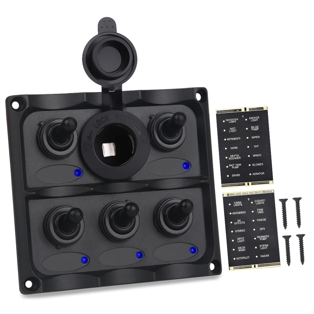 

Truck Boat Switch Panel 12v 5 Gang Yacht Led Rocker Switch Panel Circuit Breaker Auto Car With Cigarette Lighter