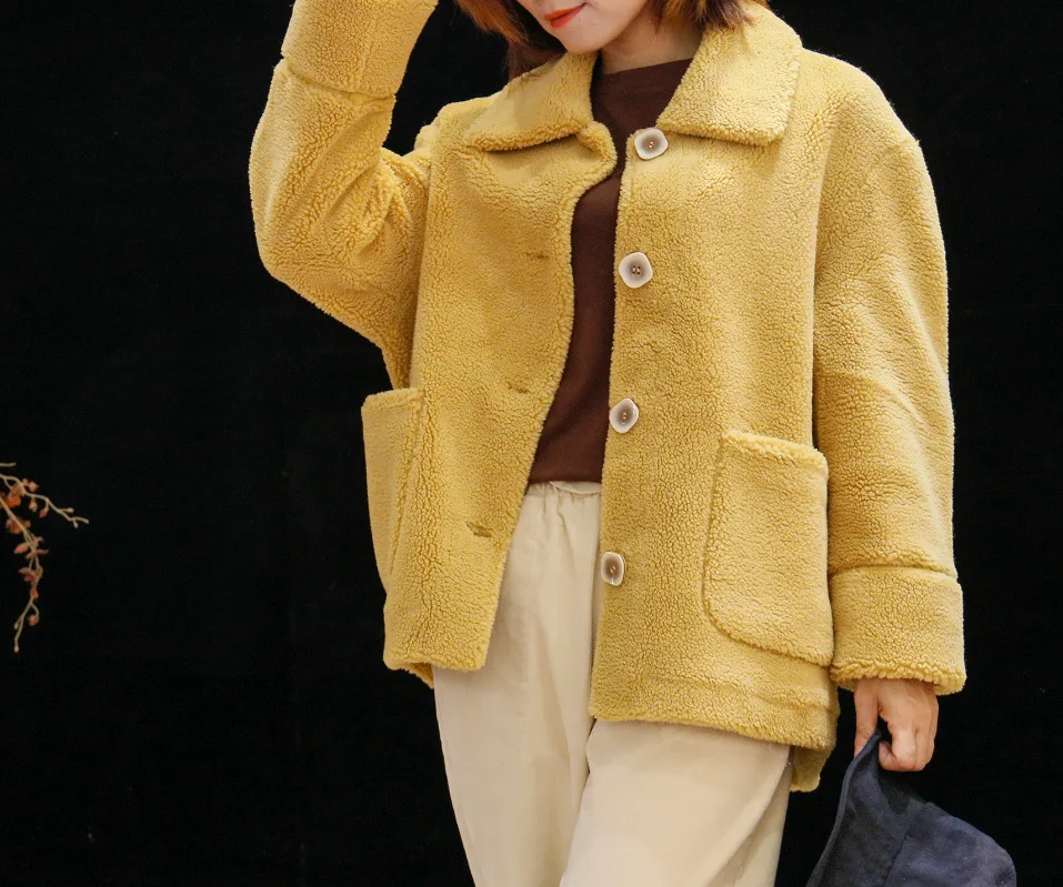 

Artistic Retro 19 Autumn And Winter New Style Solid Color Lambs Wool Fold-down Collar Versatile Casual Thick Coat Cotton-padded