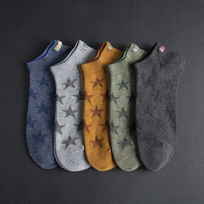 

1Pair Summer Spring Cotton Sweat-absorbent Socks Breathable Shallow Mouth for Men's Boat Sock Stars Embroidery Pattern