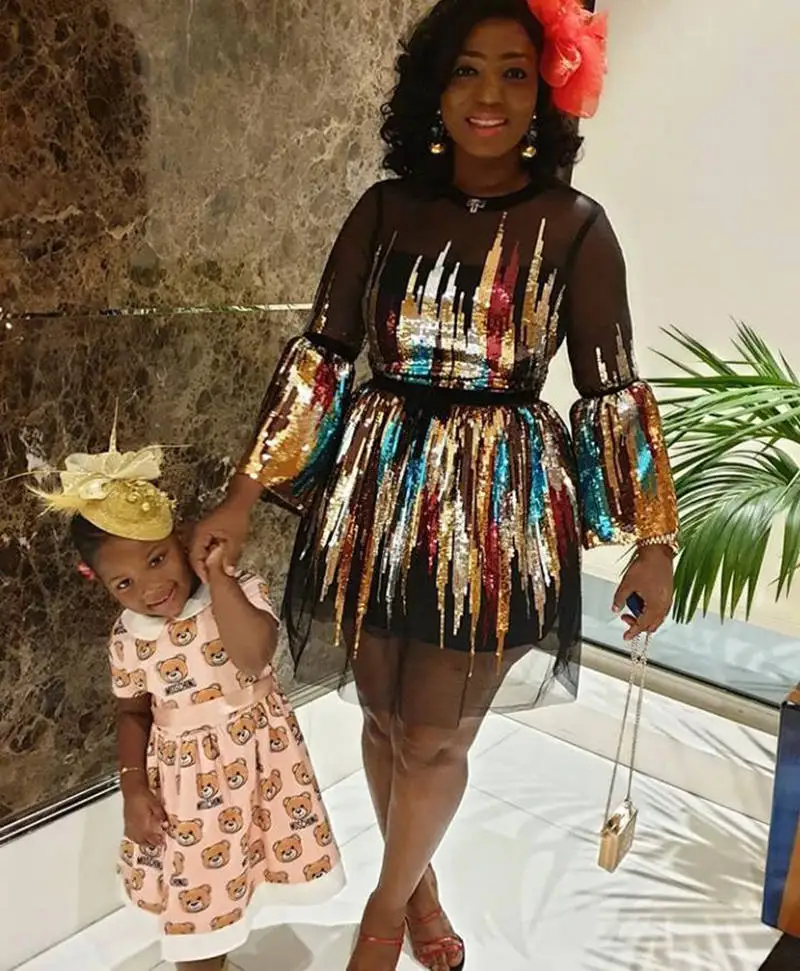 

European and American style small round neck multicolored debris to engage in high quality sleeve mesh gauze A word dress Africa