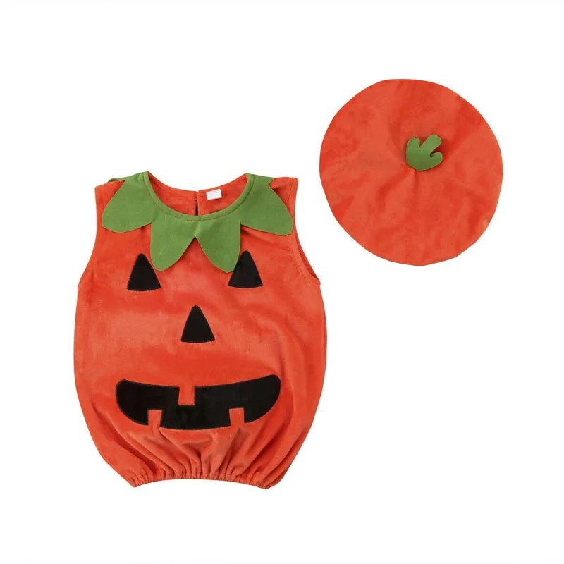 0-3Y Cosplay Halloween Toddler Baby Kid Pumpkin Print Sleeveless Romper Jumpsuits Tops+Hats Baby Girl Boys Clothes 2PCS Costume