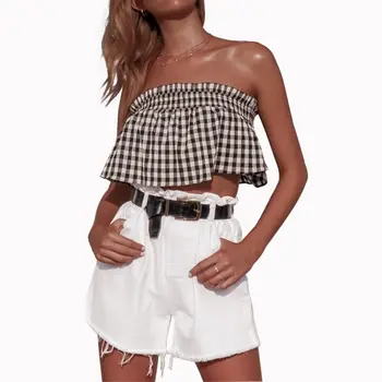 

Sexy Backless Strapless Tube Top Women Plaid Wrap Chest Tops Grid Checkered Ruffles Tube Top Crop Top