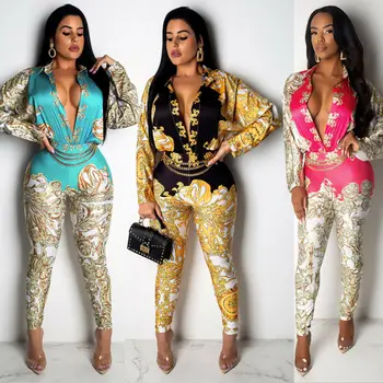 

2019 Long Sleeves Print Ladies Long Sleeves Long Pants Jumpsuit Wide Leg Pants Suit Clubwear Jumpsuit