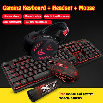 

4Pcs / set Mechanical Feeling Keyboard Backlight USB Wired Gaming Keyboards 1600 DPI Wired Game Mouse with Headset and Mouse Pad