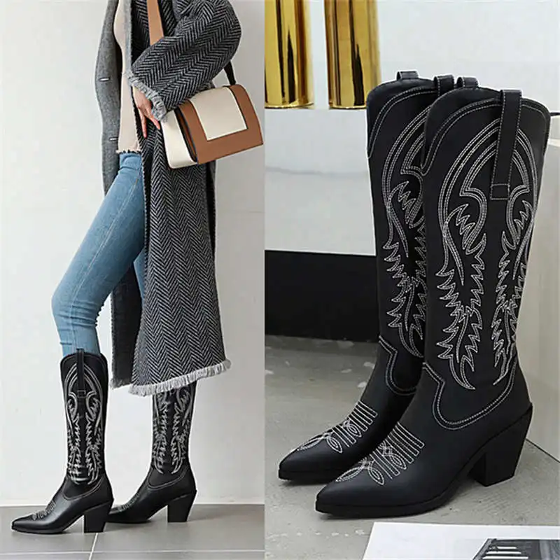 Odetina/женские модные ковбойские сапоги в ковбойском стиле без застежки; женские зимние сапоги до середины икры в стиле ретро на высоком каблуке с острым носком