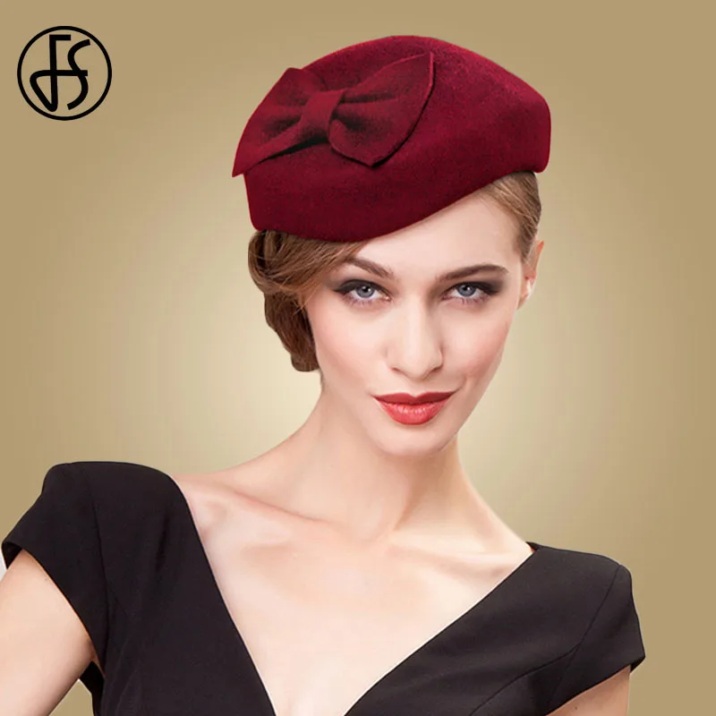 Женская фетровая шляпка-«таблетка» FS, шляпка из шерсти, с бантом, для церкви и торжественных случаев, черного цвета, демисезонная - Цвет: Wine Red Pillbox Hat
