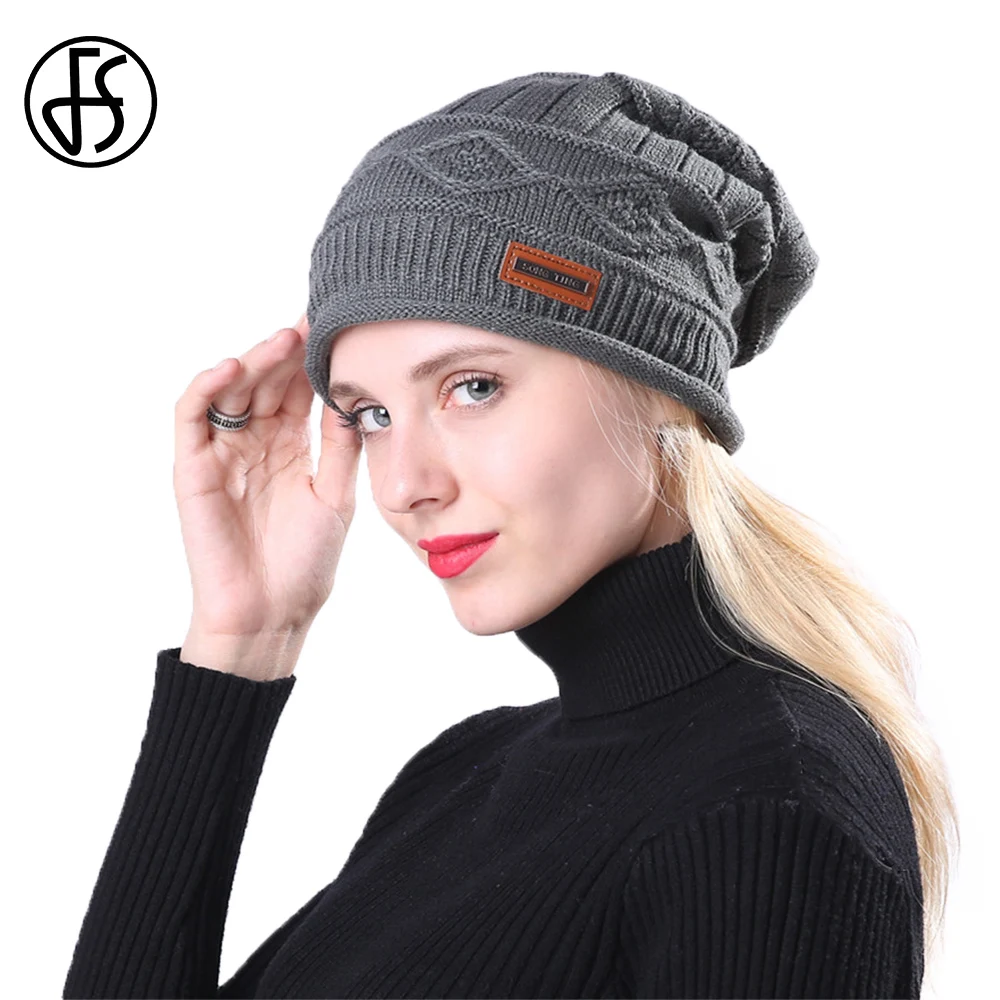 

FS Winter Unisex Baggy Kintted Beanies For Men Thick Plus Velvet Retro Fisherman Slouchy Skullies Beanie Ski Cap Gorras