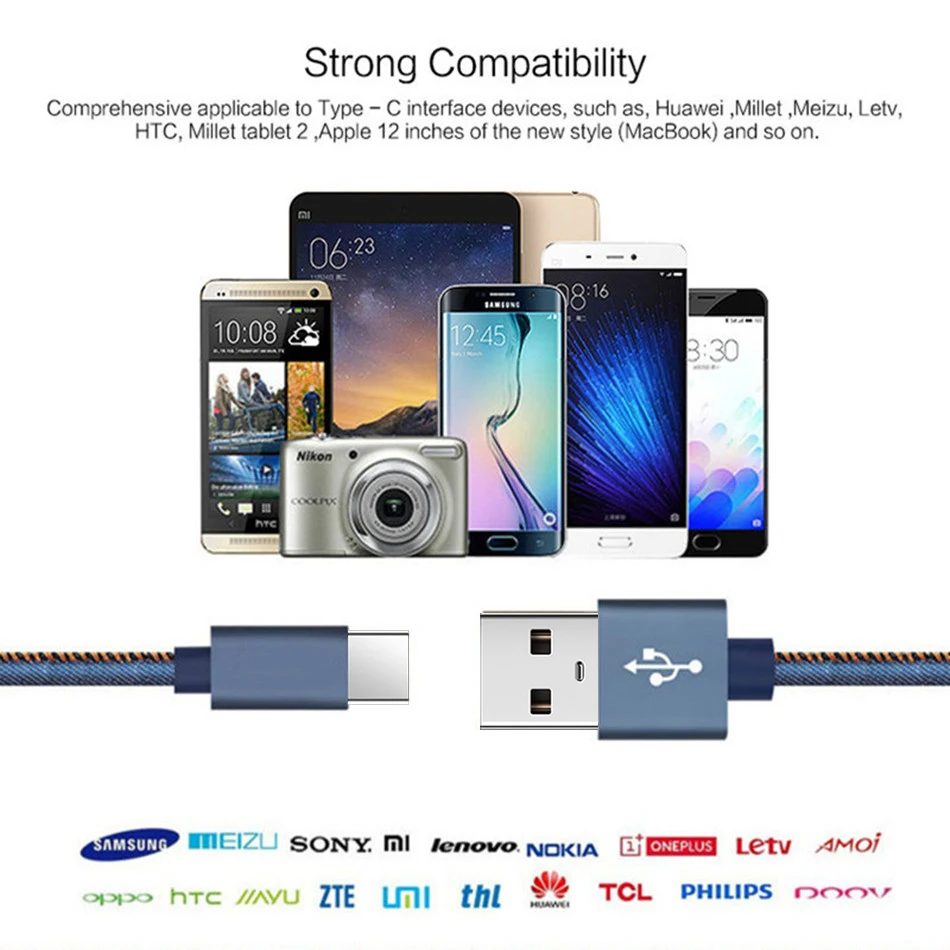 Тип-c кабель джинсовая проволока USB C позолоченный штекер Быстрая зарядка usb type C кабель для Xiaomi samsung MacBook/Xiaomi/4C/Letv/Oneplus