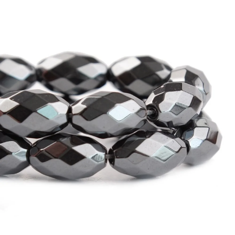 Natural Stone Black Hematite Necklace Bead Faceted Oval Olive Shape