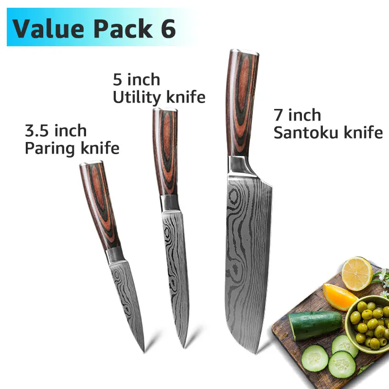 3 set Кухонный нож, 9 комплектов, поварские ножи, 7CR17 440C, высокоуглеродистая Нержавеющая сталь, дамасский рисунок, Gyuto, Кливер, набор, слайсер, нож сантоку - Цвет: 3 set