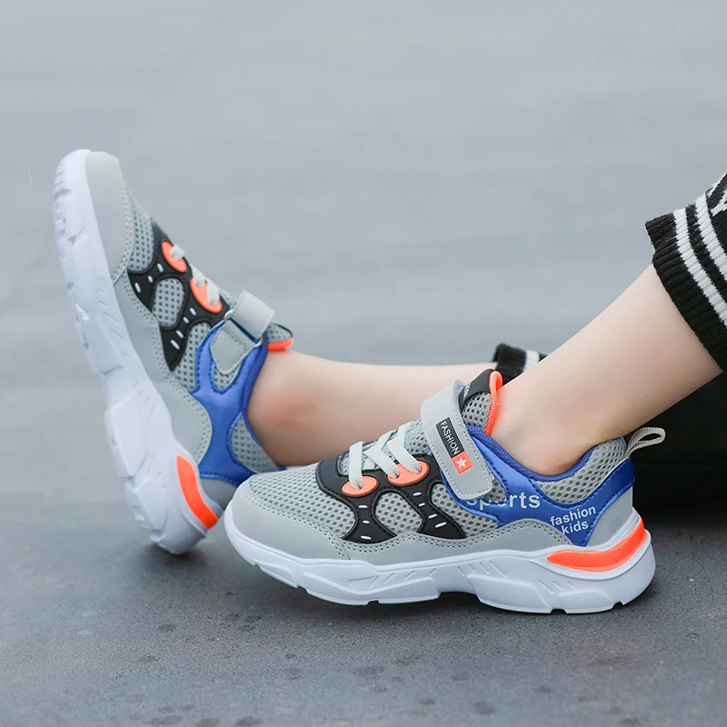 Mesh Vamp Cushion Kids Shoes Patchwork Breathable Boys Sneakers Lightweight Hook and Loop Closured Outdoor Walking Shoes