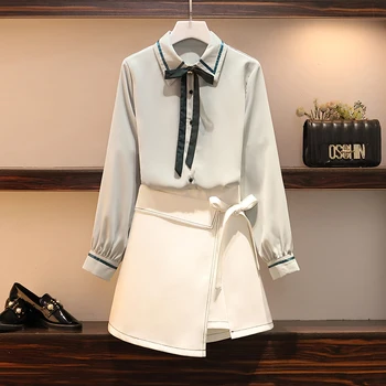 

Plus Size Suit 2020 Spring Summer Elegant Women Chiffon Shirt +irregular Lace-up Sexy Skirt Office Lady Skirts Sets 2-Piece Set