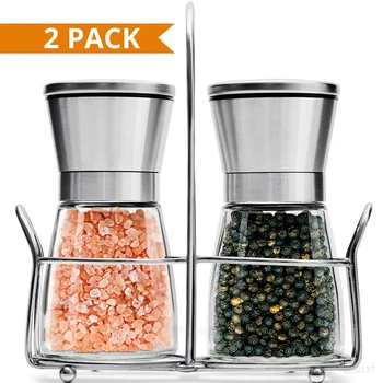 

Manual Salt And Pepper Grinder Set With Metal Stand Stainless Steel Pepper Mill With Holder Kitchen Spice Grinder