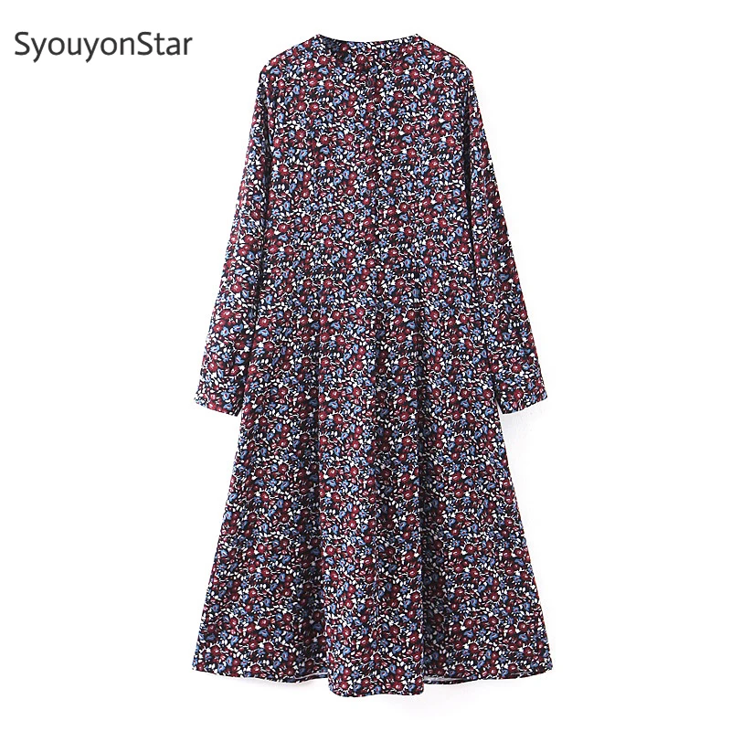 

SyouyonStar Women Bohemian Long Sleeve Dress O-neck A-line Midi Dress 2019 Floral Print Dresses Female