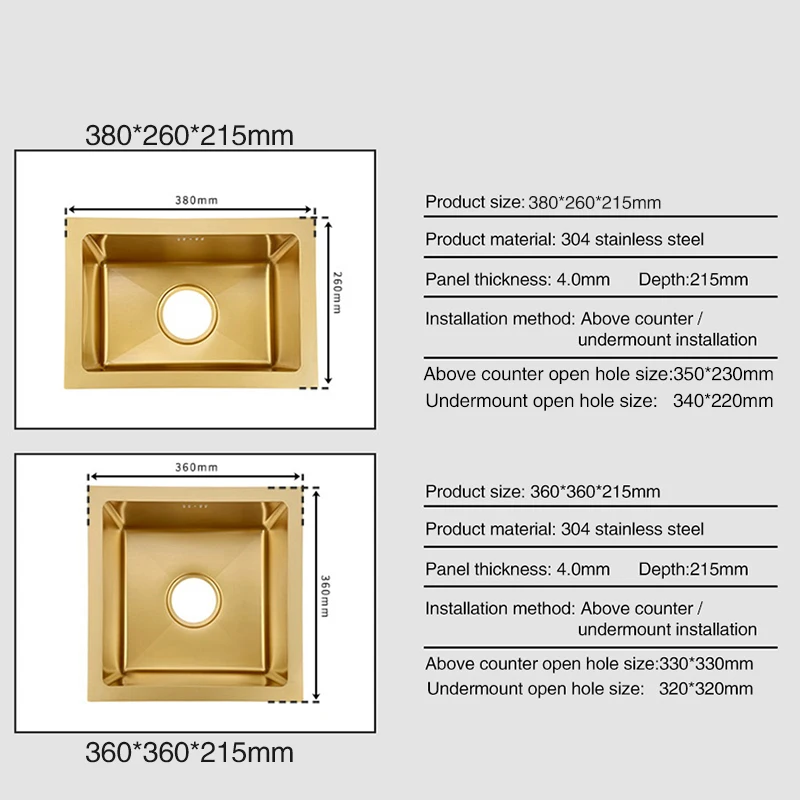 Gold Undermount Kitchen Sink Nanometer Gold 304 Stainless Steel Manual Kitchen Sink Single Bar Counter Kitchen Sink 5