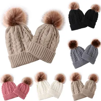 

New Toddler Kid Baby Clothing Cute Mom Baby Beanie Hat Cap Women Warm Wild Matching Knitting Pom Bobble Cap