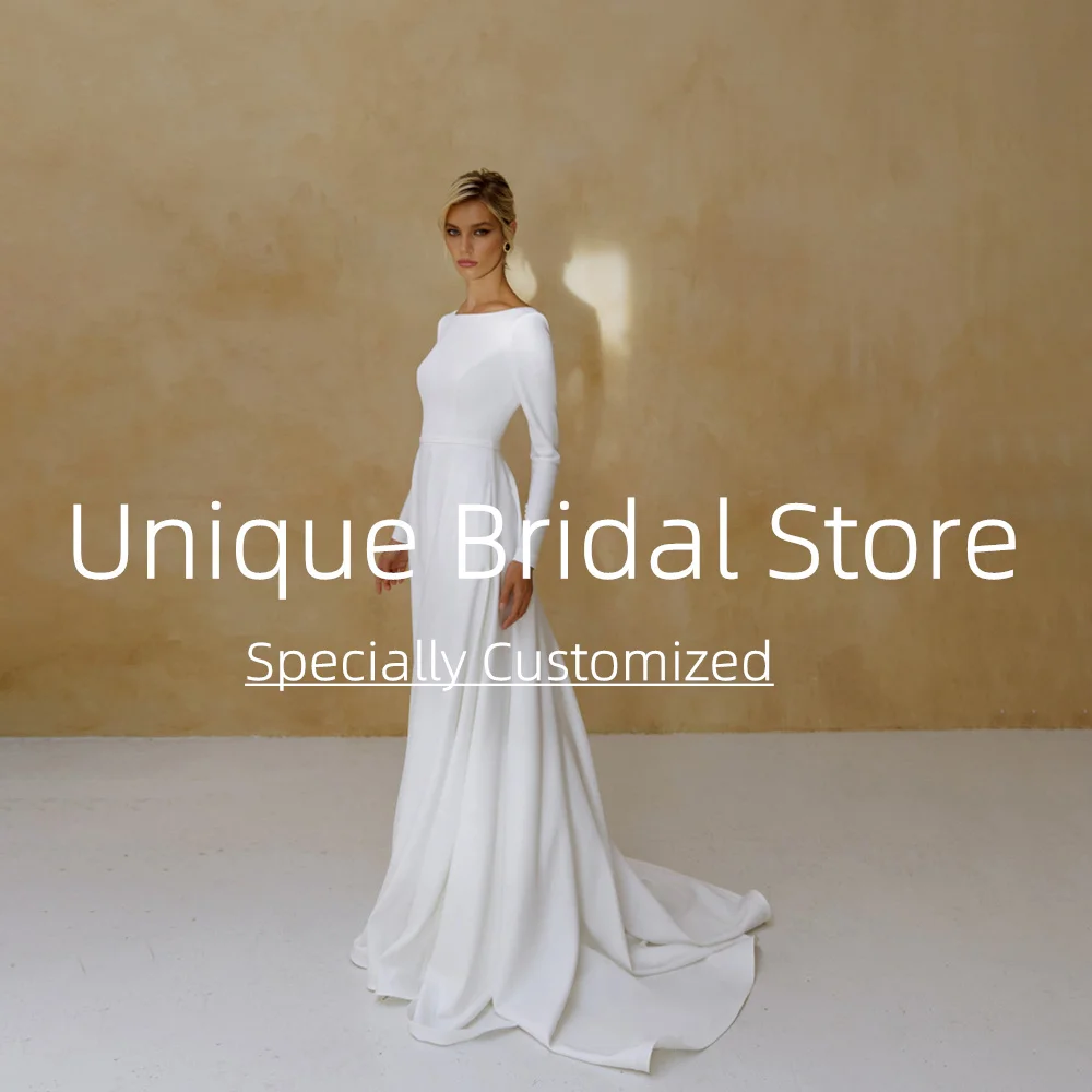 UETEEY Boat Neck Jersey Wedding Dress A-Line  Long Sleeve Zipper Back Sweep Train 2022 Bride Gowns Vestido De Noiva