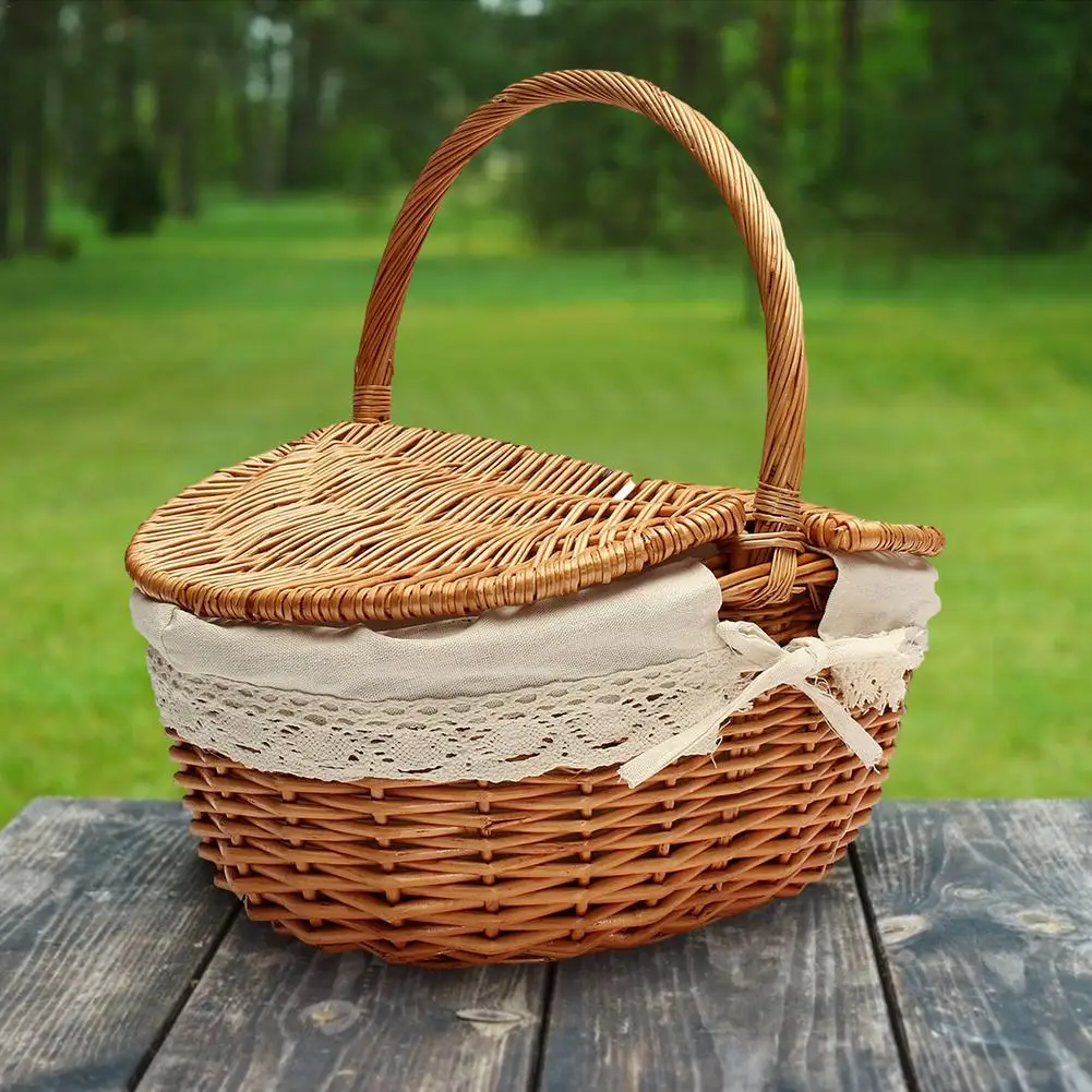Feileng Handmade Wicker Picnic Basket Camping Shopping Storage Hamper with Double Lid and Handle 