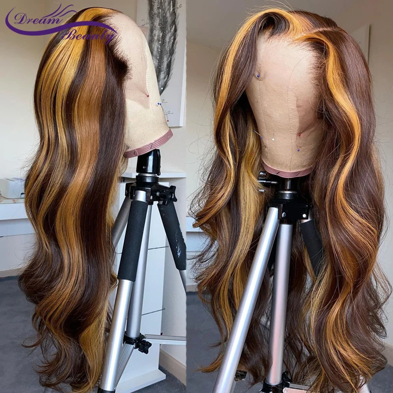Highlight Blonde 13X4 Lace Front Wigs 180% Brazilian Remy Wavy Human Hair Wigs For Women #4/27 Blonde 4x4 Lace Closure