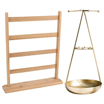 

48 Hole Wooden Jewelry Organizer Rack Earrings Holder Necklace Bracelet Stand with Storage Tray Cone