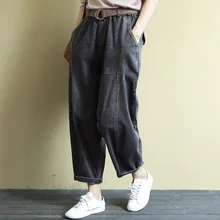 Весна Осень отбеленные джинсы для женщин эластичный пояс Свободные повседневные джинсовые штаны Дамские потертые карманы хлопковые брюки с поясом