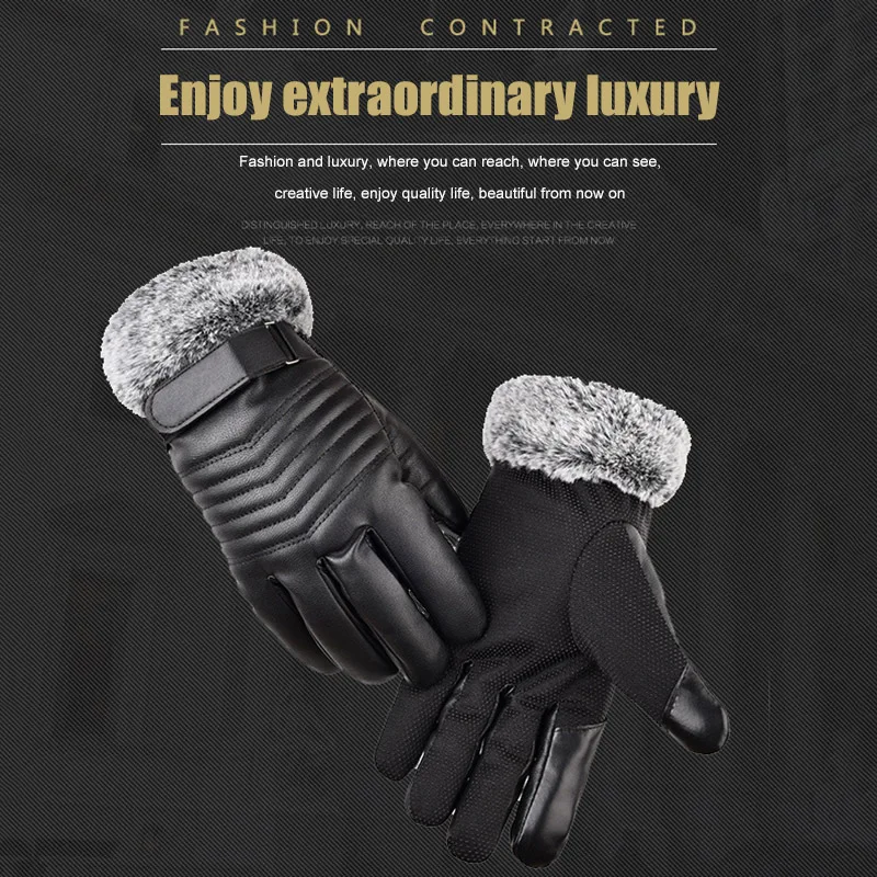 Warm Men Winter PU Leather Motorcycle Full Finger Touchscreen Warm Gloves Windproof Black YA88