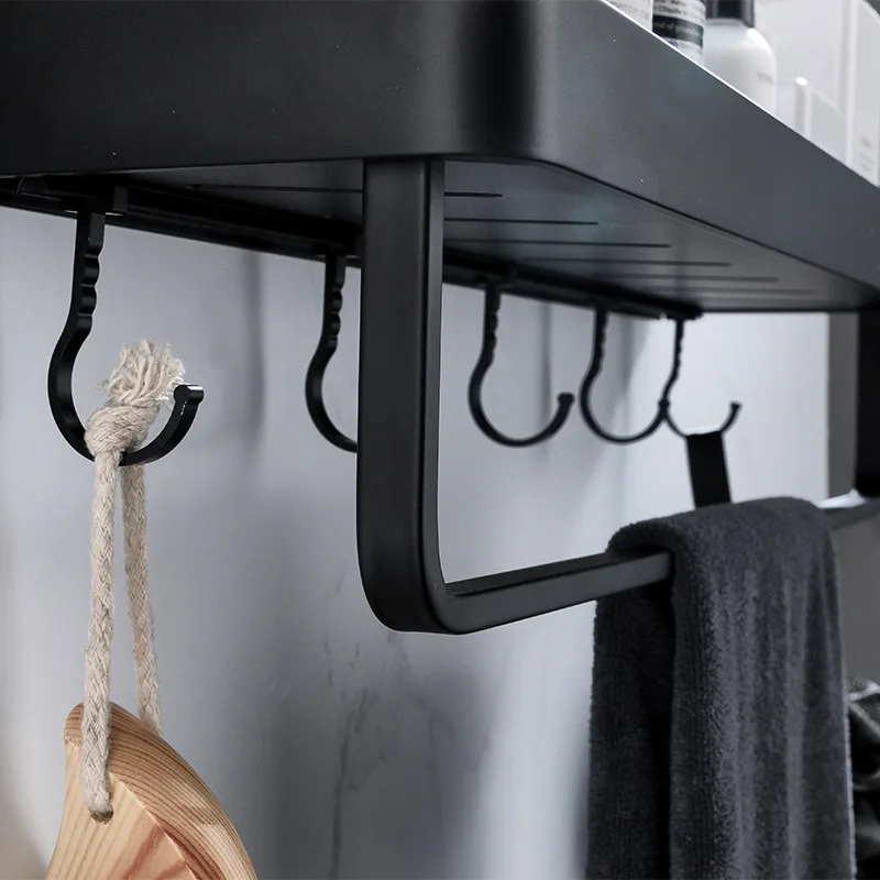 No Drill Black Bathroom Shelf with Towel Bar Wall Shelf Shower Holder  Storage Rack Robe Hooks Bathroom Accessories
