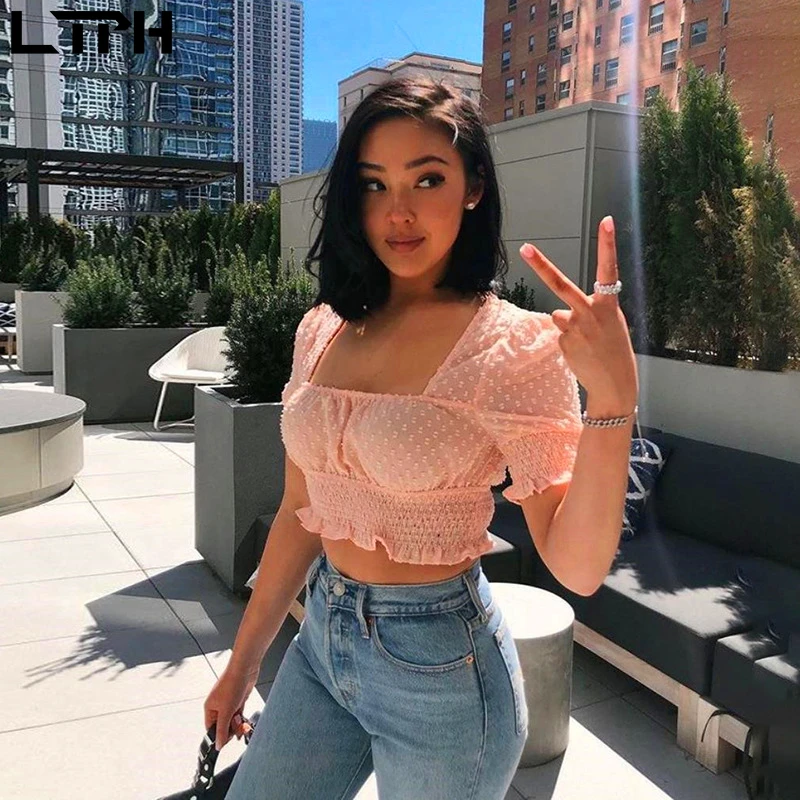 

Hot sale New 2020Vintage French Puff Sleeve Summer womens tops and blouses Solid Splice Sexy Square Collar slim girl Short shirt
